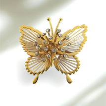 Vintage Monet Butterfly Brooch Pin Clear Rhinestones Gold Tone Signed - £15.45 GBP