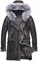 Hooded Men&#39;s Genuine Shearling Fur Long Military Style Sheepskin Leather Coat - £372.07 GBP+