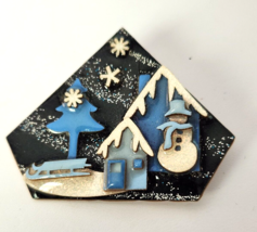 House Pins By Lucinda Brooch Pin Whimsical Winter Scene Snowman Snow Flakes Blue - £19.77 GBP