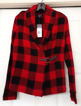 NEW Chaps Women&#39;s Red Black Buffalo Print Sweater Plaid Buckle Cowl Neck... - $59.95