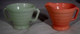 Glass Jade &amp; Coral creamer and sugar bowl set VTG 50&#39;s Ribbed rare mint ... - $21.99