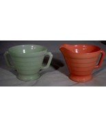 Glass Jade &amp; Coral creamer and sugar bowl set VTG 50&#39;s Ribbed rare mint ... - £17.57 GBP