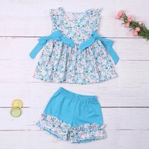 NEW Boutique Floral Kitty Cat Tunic &amp; Shorts Girls Outfit Set - £13.53 GBP