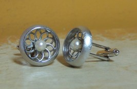 Vintage Pair Dante Cufflinks Cuff Links pinwheel brushed silver tone fau... - $6.29