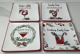 4 Global Design Christmas Cocktail Square Plates Ceramic New - $31.63