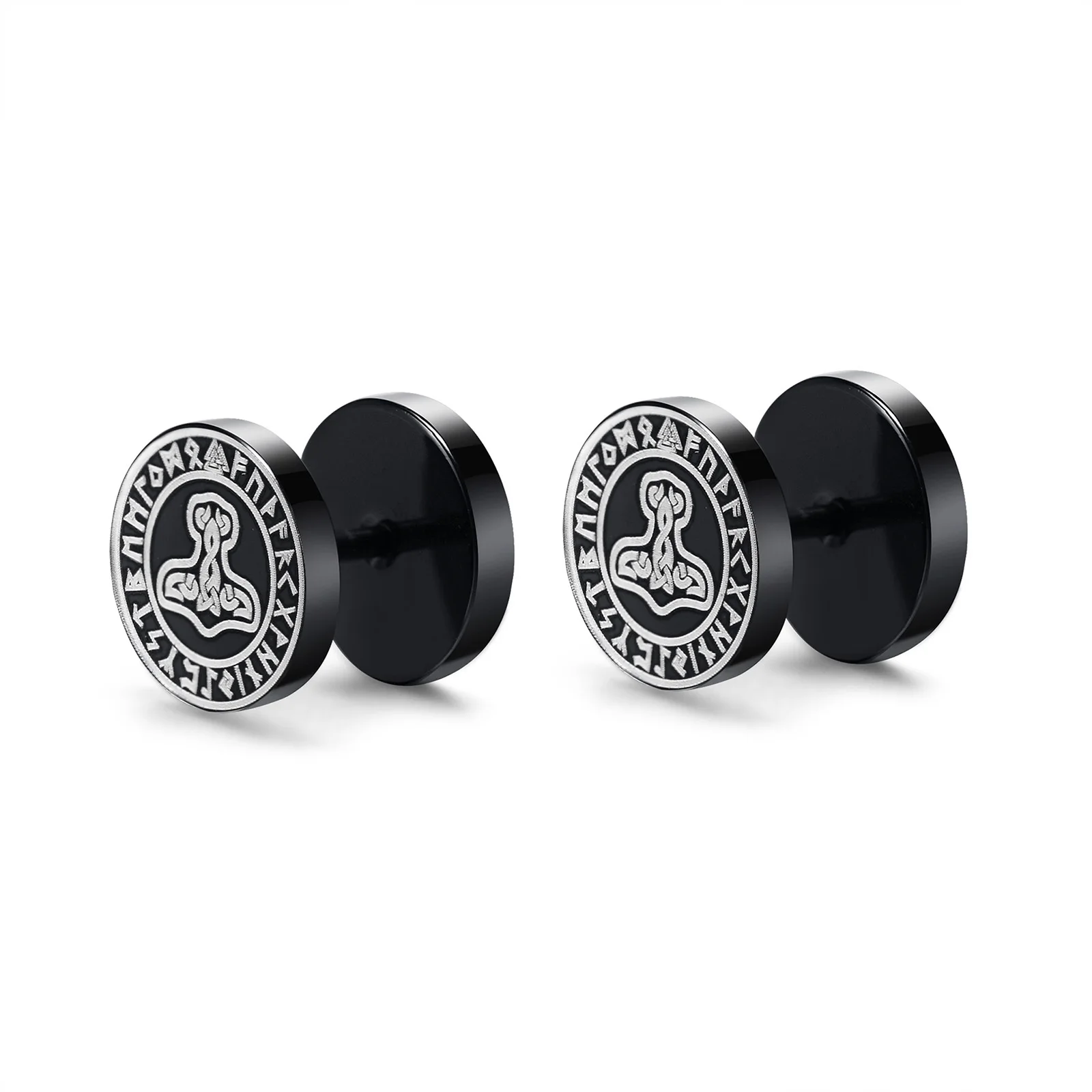 Mens Viking Black Stud Earrings,Vegvisir and Norse Valknut, Cool Punk Stainless  - £12.76 GBP
