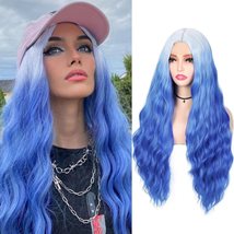 Ombre Blue Long Wavy Blue Wigs for White Women 28 Inch Natural Wave Curly Lace P - £32.10 GBP