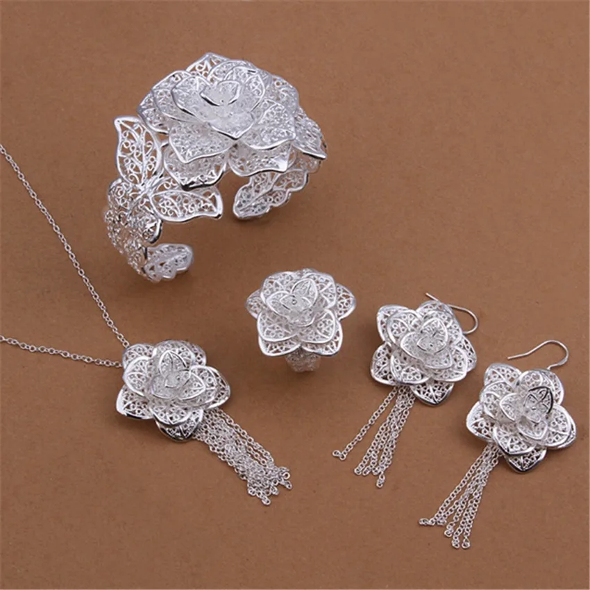 New silver color jewelry set charm elegant hollow big flowers Necklace Bangles D - £18.35 GBP