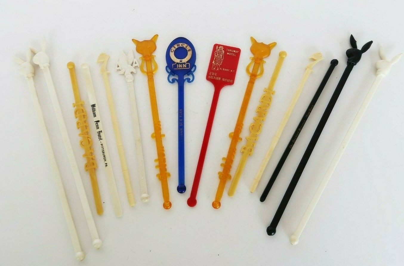 Lot of 15 vtg colorful advertising &amp; travel themed swizzle stick drink s... - $15.00