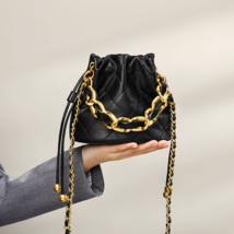 Genuine leather bucket bag small crossbody luxury designer style gold chain - $75.28