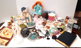 Grandma’s Estate Junk Drawer Lot VTG Jewelry Doll Route 66 Mug &amp; More 60 Items - £78.26 GBP