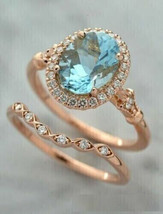 2Ct Oval Cut CZ Aquamarine Halo Bridal Set Engagement Ring 14K Rose Gold Plated - £106.18 GBP