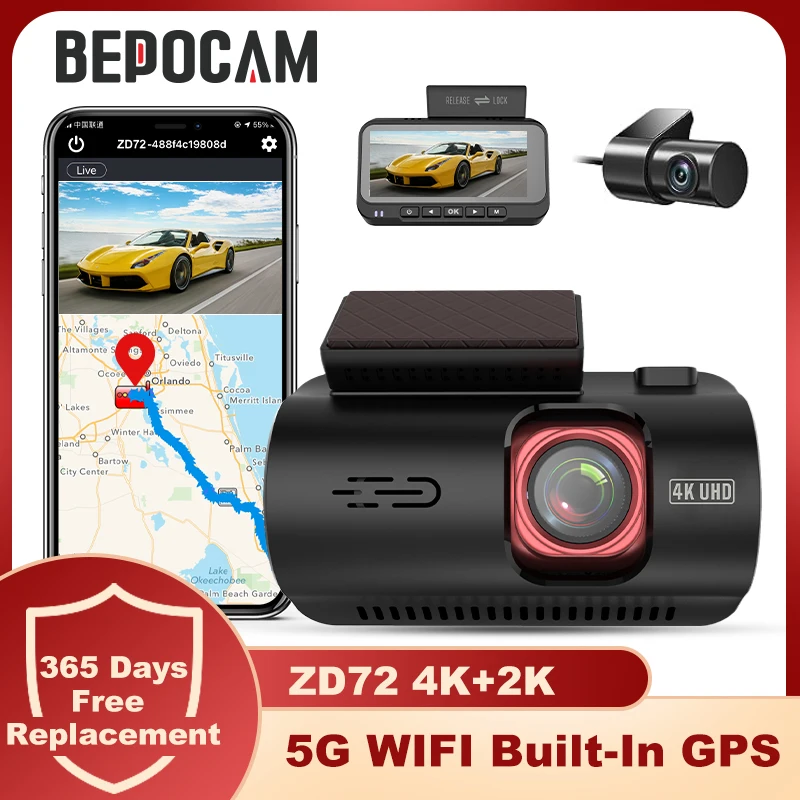 Bepocam ZD72 4K Dash Cam Built-In Gps 5G Wi Fi Car Dvr Camera With Rear Cam For - £126.99 GBP+