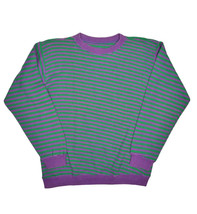 Vintage 80s Striped Crewneck Sweatshirt Mens S Green Purple Retro Vaporwave - £26.53 GBP