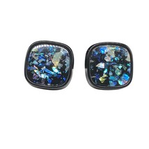 Vintage Black Confetti Lucite Earrings, Square Clip On with Abalone Flakes - $28.06