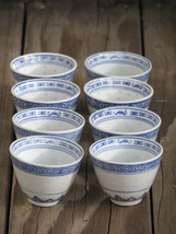 Set Of 8 ~ Vintage Jingdezhen China Tea Cups Rice Blue White Dragon Porcelain - £51.94 GBP