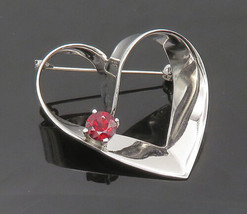 925 Sterling Silver - Vintage Garnet Shiny Love Heart Ribbon Brooch Pin - BP8226 - £51.00 GBP