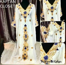 Stylish White Moroccan Dubai Kaftan Long Gown Farasha Abaya Dress New Fancy - £52.19 GBP