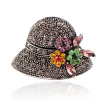 Brown Cubic Zirconia &amp; Crystal Silver-Plated Flower Hat Brooch - £11.21 GBP