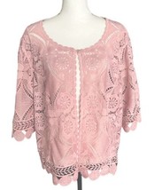 Rabbit Designs Cardigan Sweater Dusty Pink Cotton Floral Lace Short Sleeve Sz 1X - £19.77 GBP