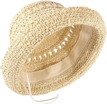 Women&#39;s Raffia Straw Bucket Sun Hat Packable Hand Woven Floppy Brim Summer Hat B - £33.85 GBP