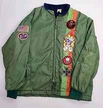 Vintage 80s Flight Bomber Style Patch Jacket Size XL Unique Retro Fleece Lined - £75.59 GBP