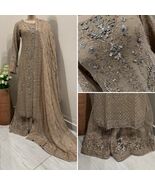 Pakistani Dark Beige Straight Style Embroidered Sequins Chiffon Sharara ... - $157.41