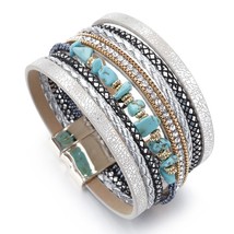 Amorcome Blue Natural Stone Leather Bracelets For Women Trendy Boho Braided Rope - £10.56 GBP