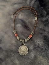 Silver Tone American Eagle/Howling Wolf Medallion With Volcanic/Wood Bead Accent - £19.93 GBP