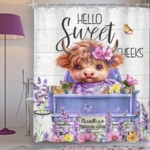 Lavender Highland Cow Shower Curtain 60Wx72H Inch Funny Western Farmhouse Cattle - $26.01