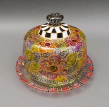Gorgeous Hand Painted Floral Glass Dome Covered Butter Cake Dish Mackenz... - $299.99