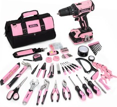 SHALL 247Pcs 20V Cordless Drill Driver &amp; Household Tool Kit for Women, Pink - £103.42 GBP