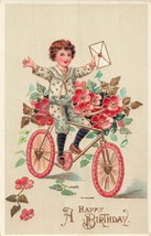Bambino Con Busta Equitazione Dorato Fiori Bicicletta ~1910s Un Happy Compleanno - £8.36 GBP