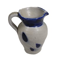 Salt Glaze Creamer Pitcher Cobalt Blue Pottery 4.5 inch Leaf Pattern unmarked - £13.27 GBP