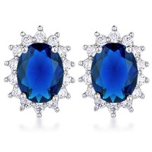 Rhodium Plated Sapphire Blue Petite Royal Oval Earrings - $30.49