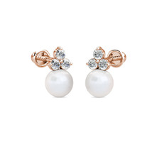 14K Rose Gold 0.30Ct Diamond &amp; Cultured Freshwater Pearl Ball Stud Earrings - £50.90 GBP