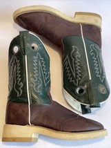 OLD WEST Brown Green Leather Cowboy Boots Youth Size 7.5, 8  Style 2114 080 - £7.58 GBP
