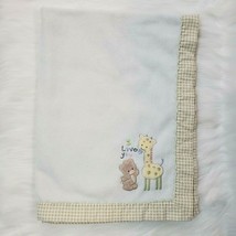 Just Born White Baby Blanket  I Love You Giraffe Bear Gingham Satin Fleece B76 - £11.79 GBP