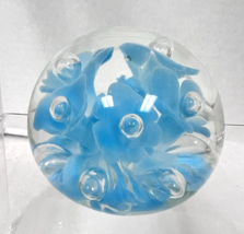 2000 Joe Rice Bright Blue Trumpet Flowers Paperweight Controlled Bubbles... - $32.18