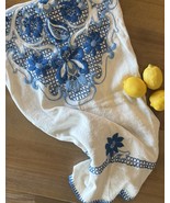 Vtg Tablecloth 47x64&quot; Rectangle Heavily Embroidered Blue Floral Crochet ... - $116.24 CAD