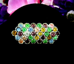 Pastel Rhinestones Big Bar Brooch Vintage Pot Metal Pin Purple Green Blue Pink - £14.83 GBP