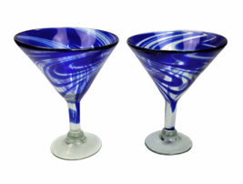 Cobalt Blue Swirl Margarita Glasses Martini Cocktail Hand Blown 7&quot; Set of 2 - £21.23 GBP