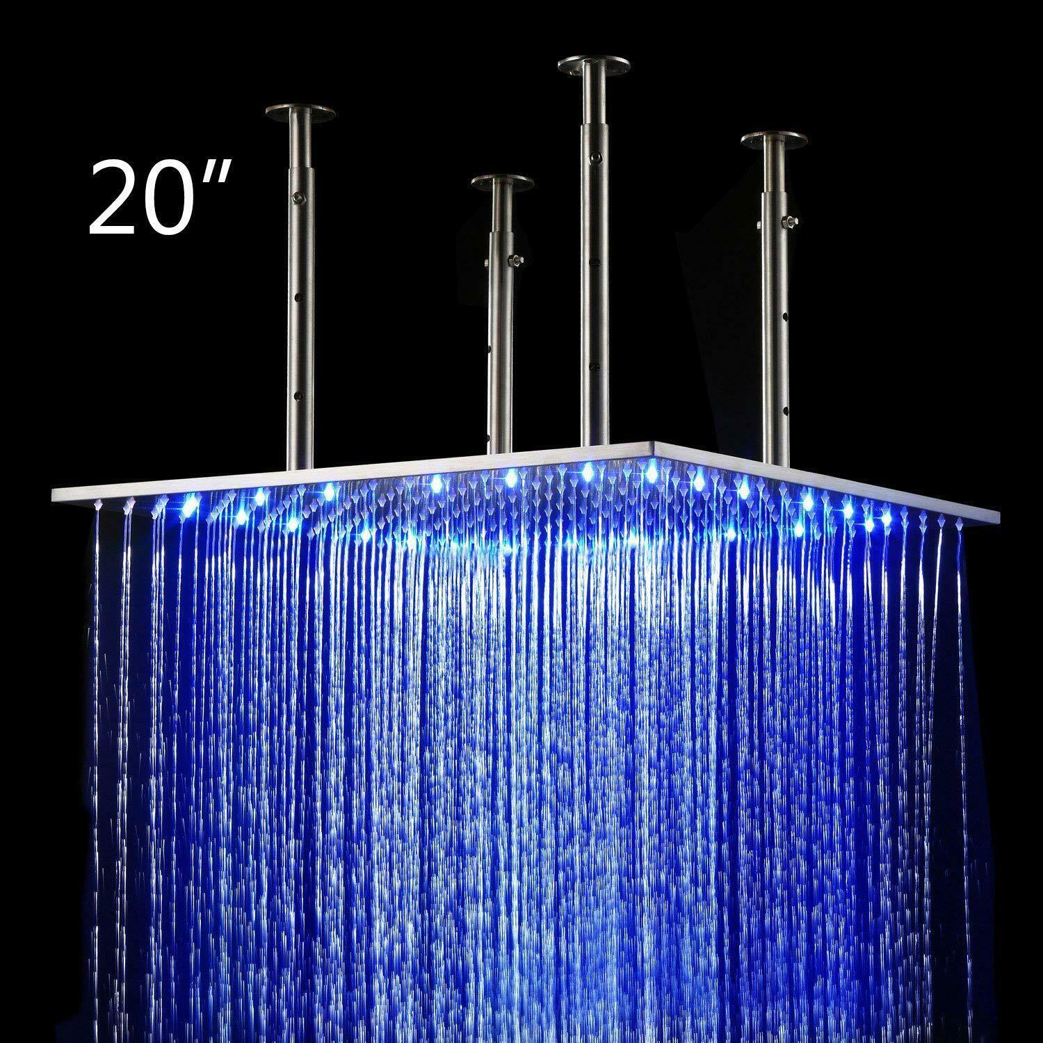 20" Square Ceiling Mount Rainfall LED Shower Head Matt Black Top Sprayer - £325.08 GBP