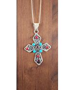 Vtg Taxco Mexico Sterling Silver 925 Multi Stone Cross Necklace Turquois... - $124.95