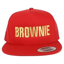 Trendy Apparel Shop Brownie Gold Embroidered 5 Panel Flat Bill Mesh Cap - Red - £16.07 GBP