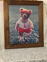 Jogging Teddy Bear Track Runner Red &amp; White Uniform Wooden Framed Print - $14.65