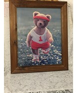 Jogging Teddy Bear Track Runner Red &amp; White Uniform Wooden Framed Print - £15.61 GBP