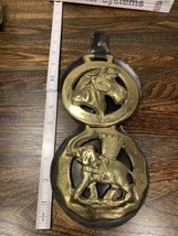 Large Horse Brass War Elephant &amp; Castle and Horse Head on Martingale Cot... - $96.99