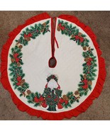 Vintage Tree Skirt Quilted Holly Acorns Cardinals 40 Inch w/ Red Ruffle - $30.00