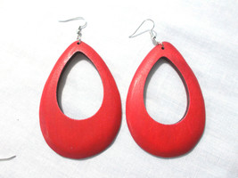Red Color Stained Wood Droplet Tear Drop Shape Hoop Style Wooden Earrings - £6.31 GBP